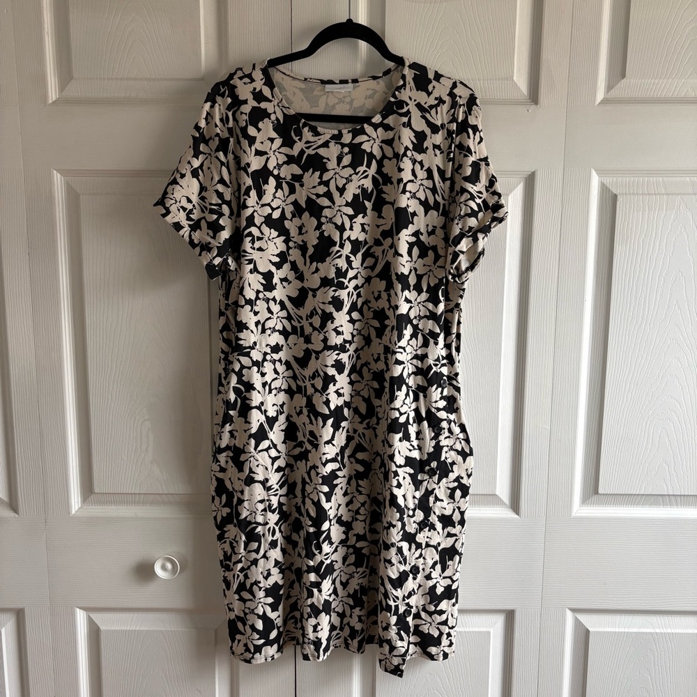 J Jill XXL TShirt Dress Pockets Floral Black White  Ultrasoft Luxe Supima Travel